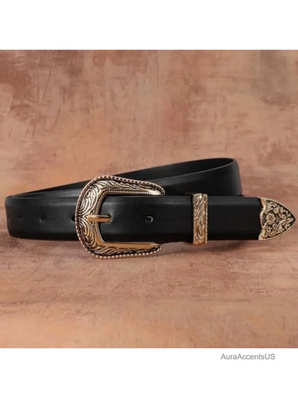 Western Faux Leather Belt with Vintage Metal Buckle for Women